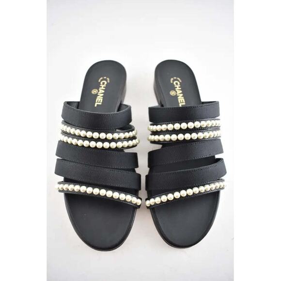 Chanel 20P Black White Pearl Strap CC Logo Slide Slip On Sandal Mule Flat 38 - Picture 3 of 9